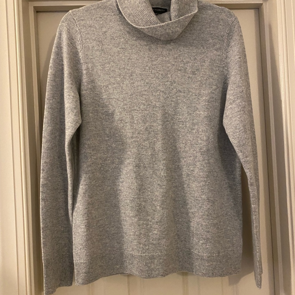 Talbots Medium 100% Cashmere Light Gray Cowl Neck Sweater